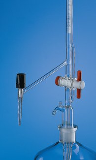 Burette zéro automatique, BLAUBRAND®, classe AS, DE-M, 10:0,02 ml, avec robinet latéral à pointeau, robinet intermédiaire et PTFE-K, sans flacon, bande photophore bleue