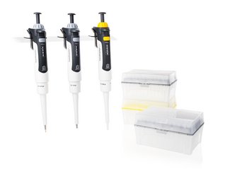 Transferpette® pro, Pipetten-Sets, Variabel, Starter-Kit Micro: D-2,5 (0,1-2,5µl), D-10 (0,5-10 µl), D-100 (10-100 µl), 3 x TipBox Pipettenspitzen, 3 Regalhalter, DE-M