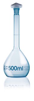 Messkolben PUR-beschichtet, BLAUBRAND®, Klasse A, DE-M, 500 ml, Boro 3.3, NS 19/26, PP-Stopfen