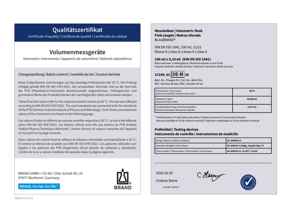 Exemple de certificats de qualité pour les instruments de mesure volumétrique de BRAND.