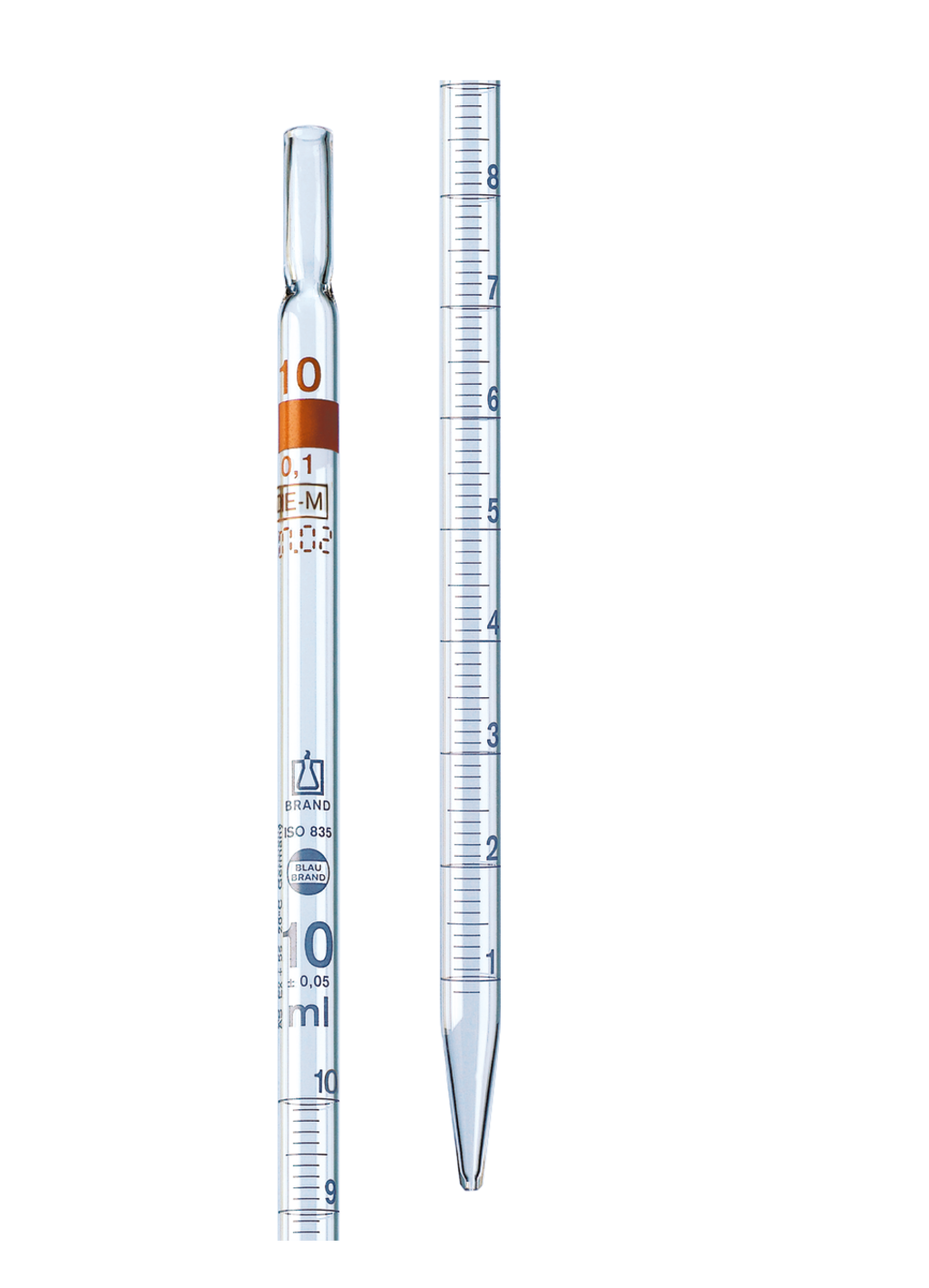 Dos pipetas graduadas de BRAND con escala para medir y transferir diferentes volúmenes de líquidos.
