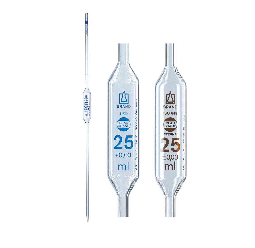 Zwei BRAND Vollpipetten mit 25 ml Volumen, BLAUBRAND® und ETERNA, für den präzisen Transfer von Flüssigkeiten