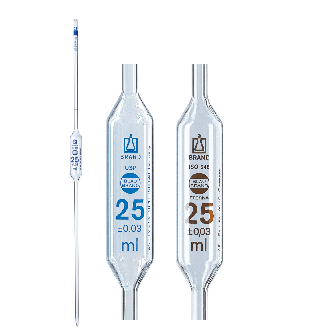 Zwei BRAND Vollpipetten mit 25 ml Volumen, BLAUBRAND® und ETERNA, für den präzisen Transfer von Flüssigkeiten