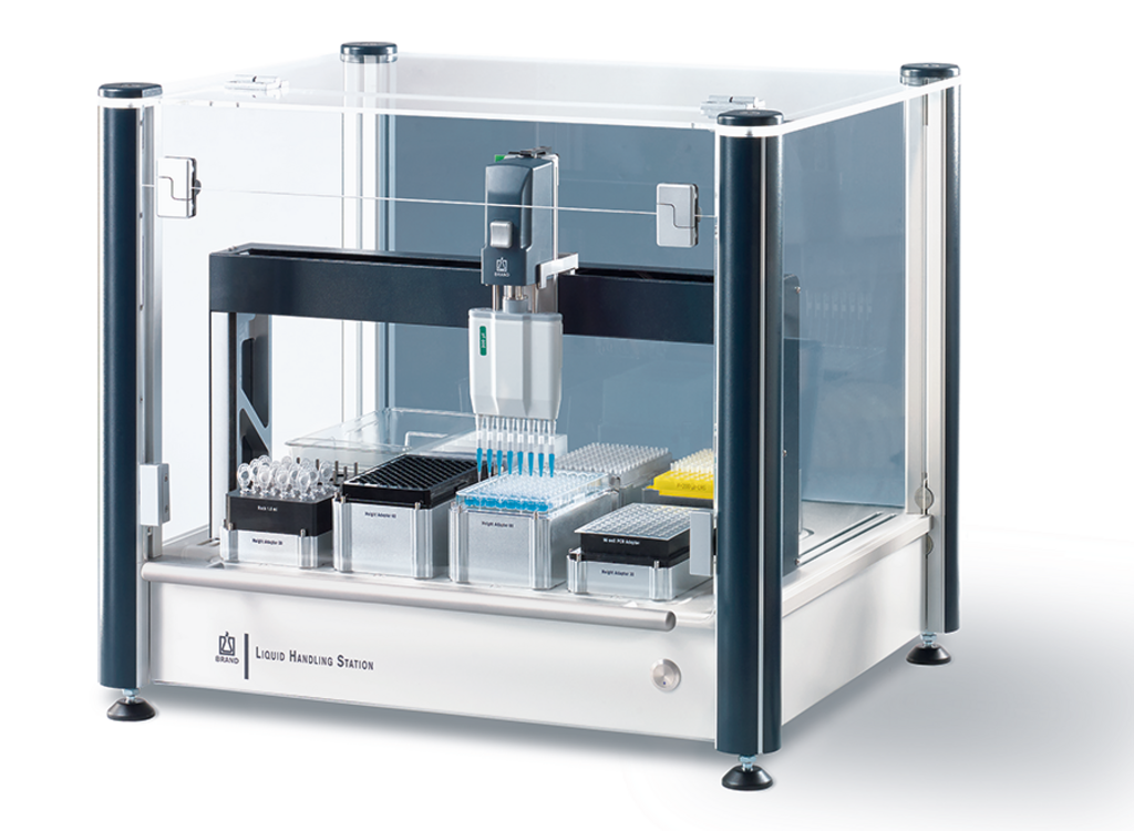 BRAND Liquid Handling Station, Liquid Handler and the Transferpette electronic, electric micropipette.