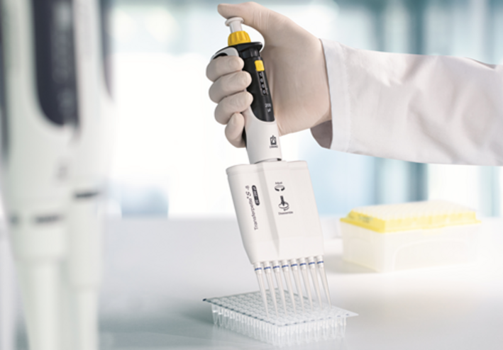 BRAND Transferpette® pro multichannel pipette dispensing liquid into a 96-well microplate in a laboratory.